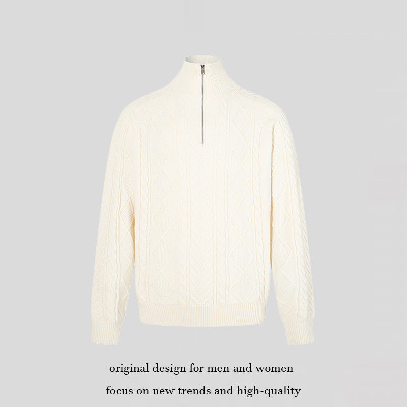 Women's Cable Knit Pullover with Short Zipper and Stand-Up Collar EVA-US