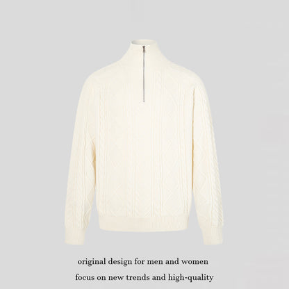 Women's Cable Knit Pullover with Short Zipper and Stand-Up Collar EVA-US