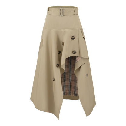 Women's Asymmetrical Trench Skirt with Waist Belt and Decorative Buttons EVA-US