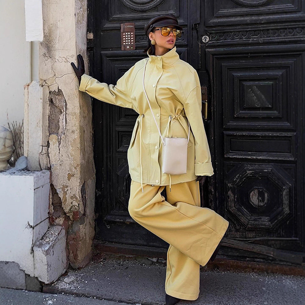 Women's Oversized Rain Jacket with Drawstring Waist, High Stand Collar & Flap Pockets EVA-US