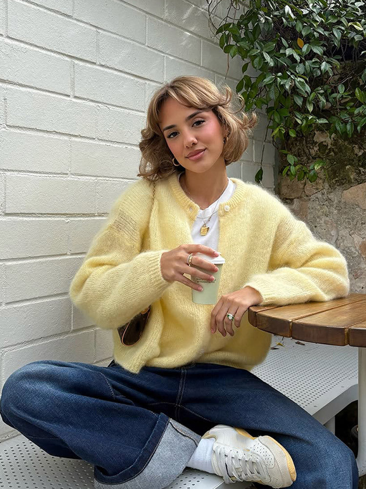 Women's Fluffy Short Jacket made of Mohair Mix with Round Neck and Boxy Silhouette EVA-US