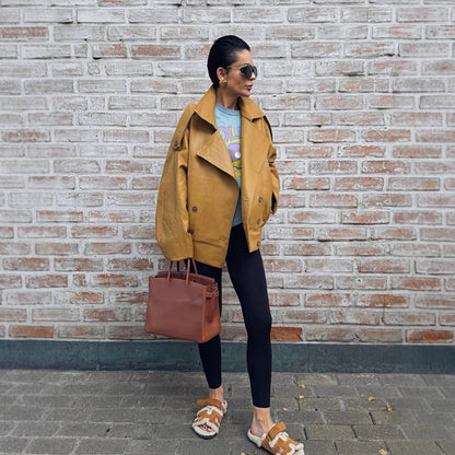 Women Oversize Leather Jacket with voluminous balloon sleeves and short boxy silhouette EVA-US