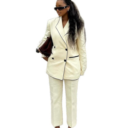 Women Cropped Pants with Folded Pleat, Straight Leg and Fine Waist Piping EVA-US