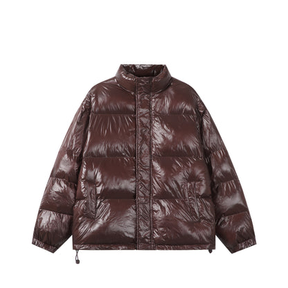 Unisex Shiny Boxy Quilted Oversized Puffer Jacket with High Stand-up Collar EVA-US