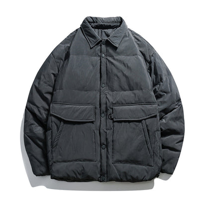 Unisex Boxy padded shirt jacket with large flap pockets and snap button closure EVA-US