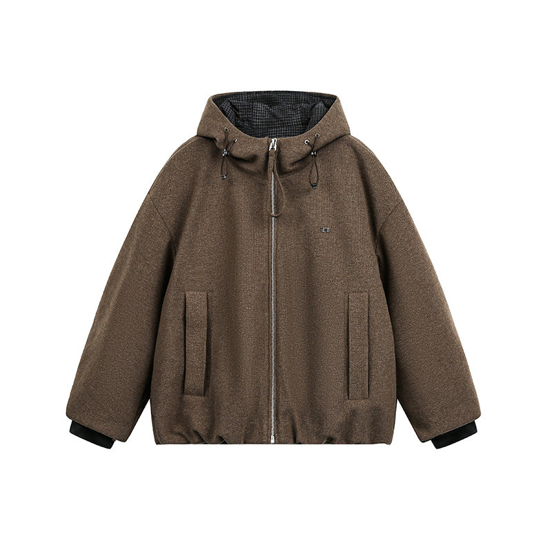 Men's Loose-Fitting Padded Wool Blend Hooded Jacket with Zip and Drawstring EVA-US