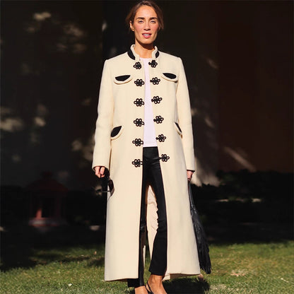 Women's Maxi-Length Tailored Wool Blend Coat with Stand-Up Collar and Decorative Frog Closures EVA-US