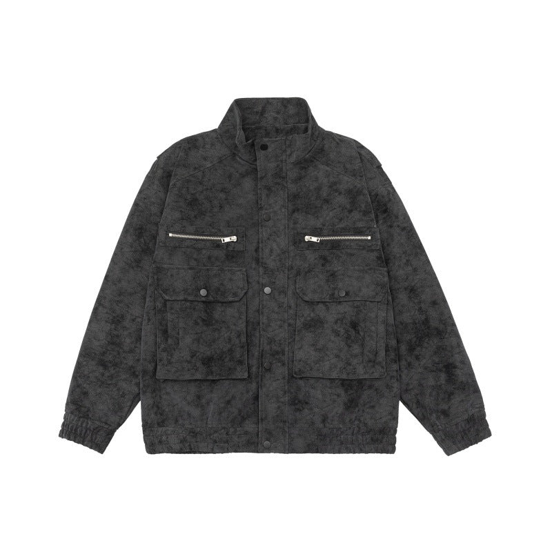 Men's Boxy Utility Blouson Jacket in Velour Look with Stand-up Collar and Multiple Pockets EVA-US