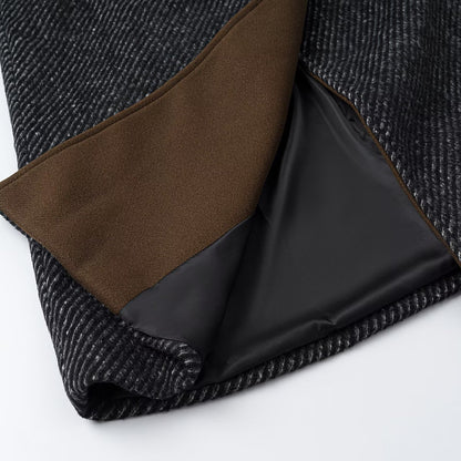 Women Long Wool Herringbone Coat with Tie Belt and Large Notched Collar EVA-US