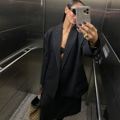 Women's Double-Breasted Oversized Blazer Coat with Distinctive Shoulder Area & Decorative Stitching EVA-US