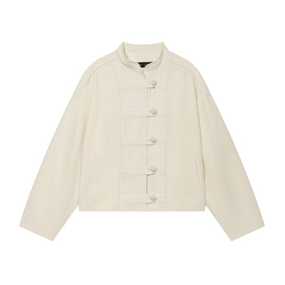 Women's Cropped Jacket with Stand-up Collar and Decorative Knot Buttons EVA-US