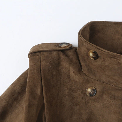 Women Short Double-Breasted Suede Jacket with Stand-Up Collar and Epaulettes EVA-US