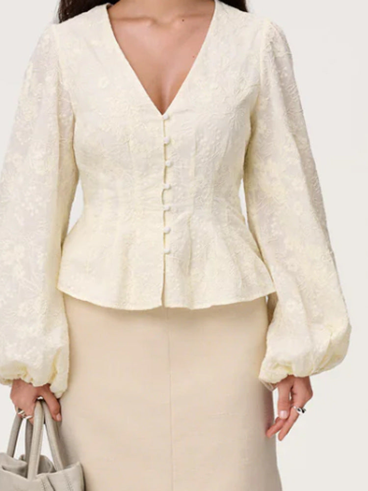 Women’s jacquard lace blouse with tailored peplum and balloon sleeves EVA-US