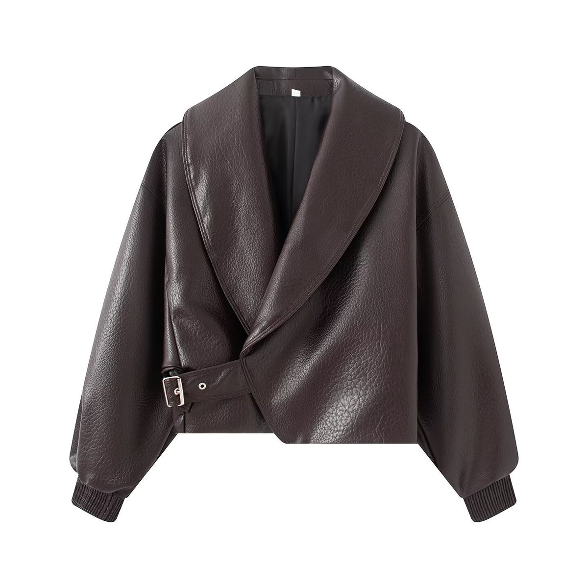 Women's Short Cut Wrap Jacket made of Leather Look with Large Shawl Collar and Waist Belt EVA-US