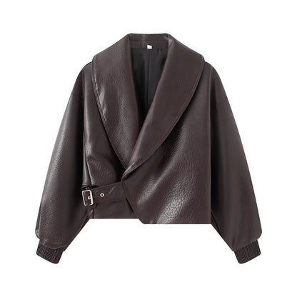 Women's Short Cut Wrap Jacket made of Leather Look with Large Shawl Collar and Waist Belt EVA-US