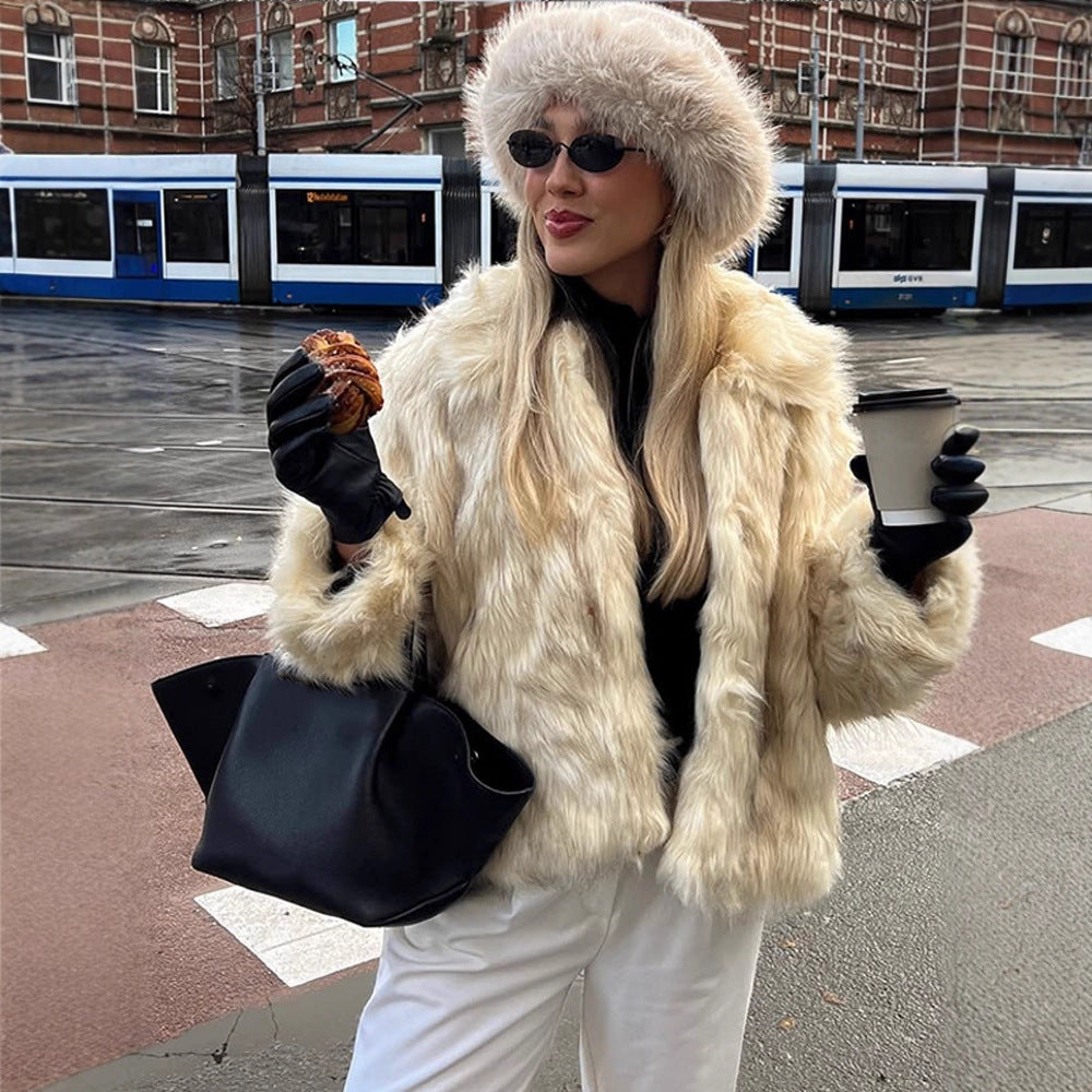 Women's Short Cut Boxy Faux Fur Coat with Long Pile Structure EVA-US