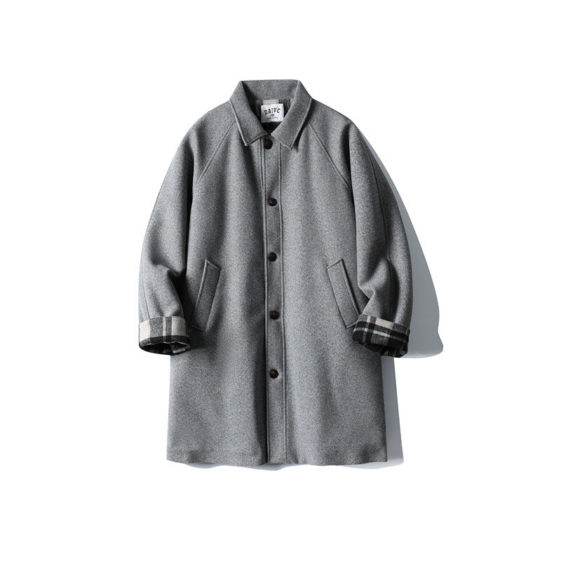 Men's Wool Blend Coat with Checked Lining, Raglan Sleeves and Classic Shirt Collar EVA-US