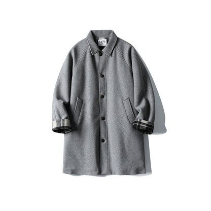 Men's Wool Blend Coat with Checked Lining, Raglan Sleeves and Classic Shirt Collar EVA-US