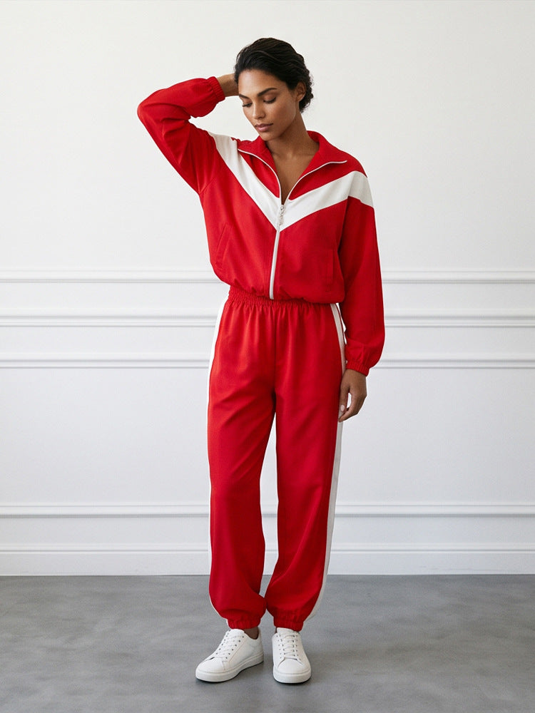 Women's Retro Tracksuit with Zipper Jacket and Elastic Waist Pants EVA-US