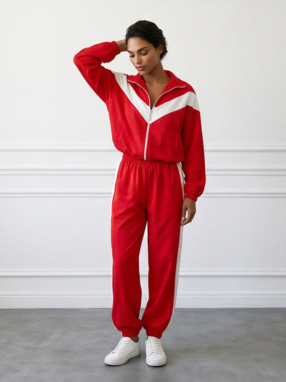 Women's Retro Tracksuit with Zipper Jacket and Elastic Waist Pants EVA-US