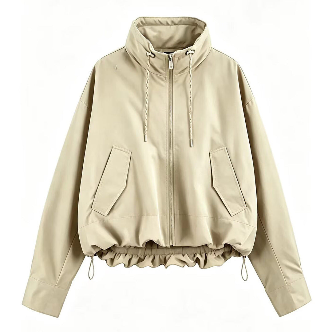 Women's Cropped Oversize Windbreaker with high funnel collar, drawstring and gathered elastic waistband EVA-US
