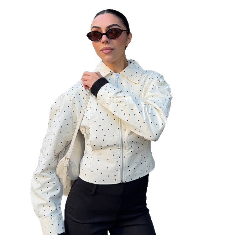 Women's tailored short jacket with polka-dot perforation, shirt collar, and concealed zipper EVA-US
