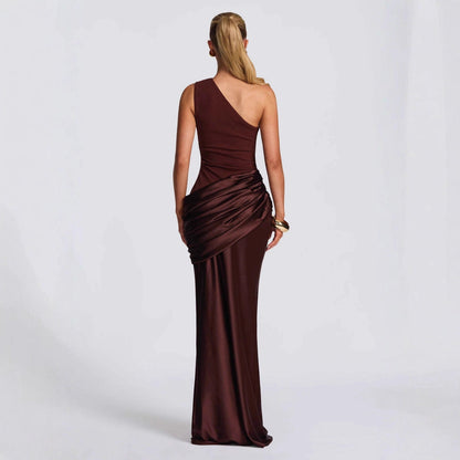 Women's Elegant One-Shoulder Maxi Dress with Refined Draping Details