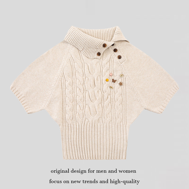 Women's Short-Sleeved Cable Knit Sweater Top with Stand Collar and Button Placket EVA-US