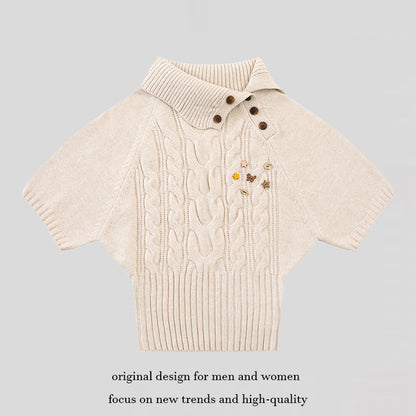 Women's Short-Sleeved Cable Knit Sweater Top with Stand Collar and Button Placket EVA-US