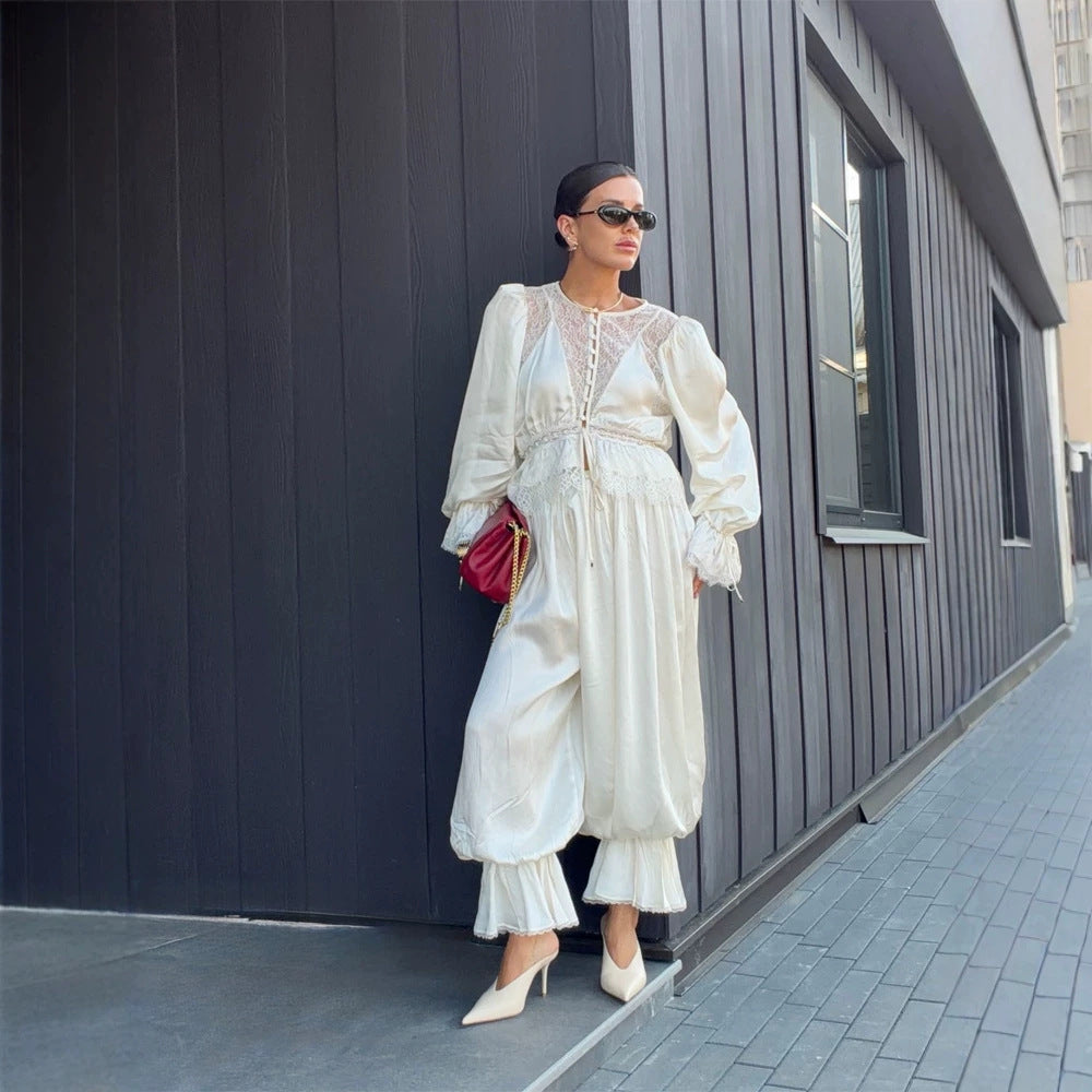 Women's One-Piece Satin Jumpsuit with Lace Yoke, Puff Sleeves, and Voluminous Harem Pants EVA-US