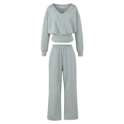 Women's Comfort Lounge Set with Short V Hooded Sweatshirt and High-Cut Wide-Leg Joggers EVA-US