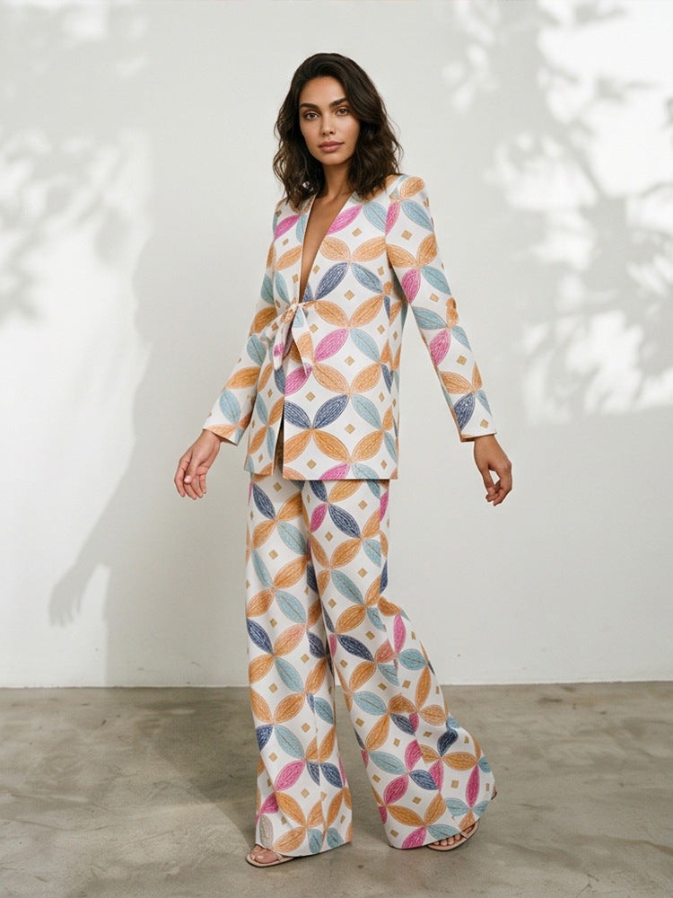 Women's Two-Piece Jacquard Suit with Waist Tie and Wide Leg EVA-US