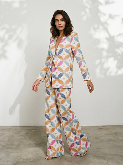 Women's Two-Piece Jacquard Suit with Waist Tie and Wide Leg EVA-US