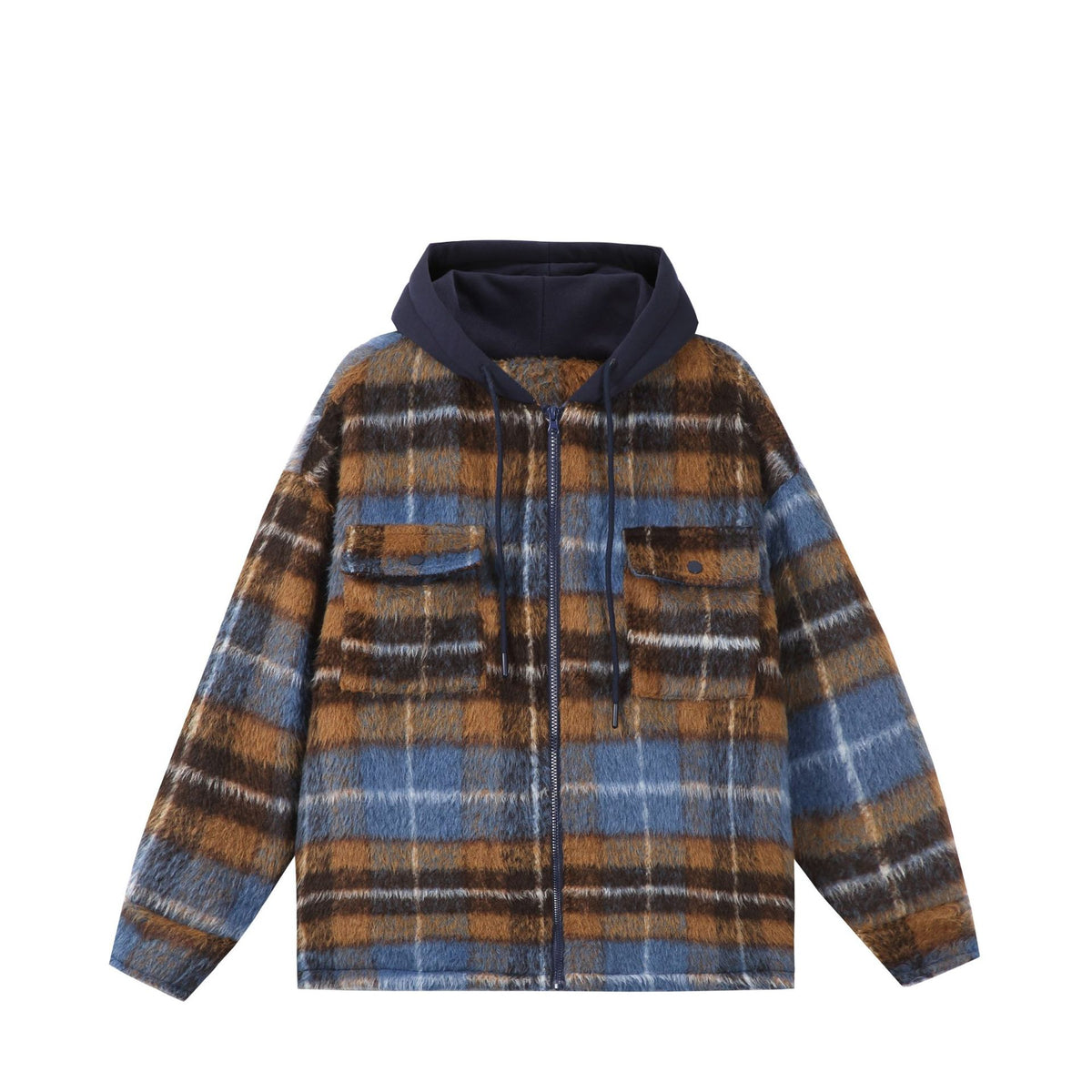 Unisex short cut plaid faux fur jacket with hood and zipper EVA-US