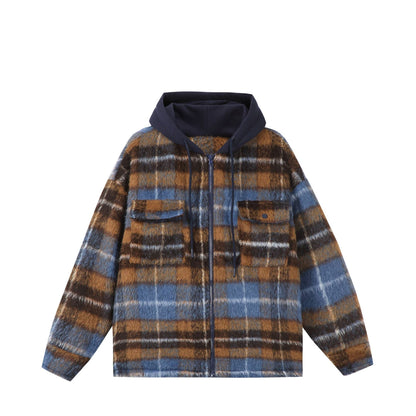 Unisex short cut plaid faux fur jacket with hood and zipper EVA-US