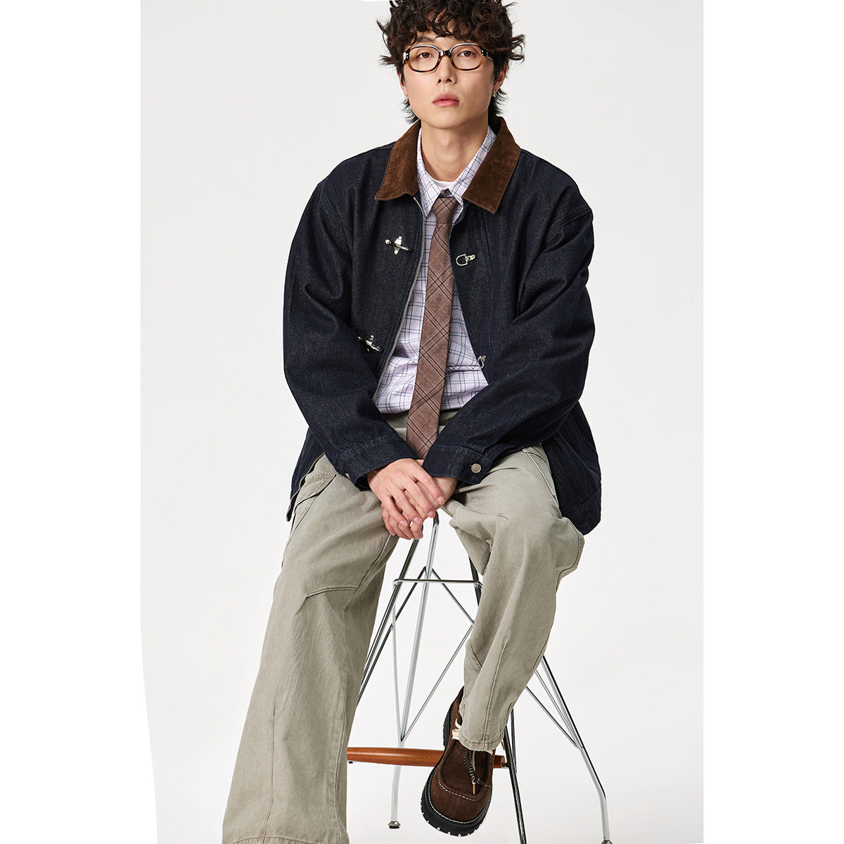 Men's sharply tailored denim workwear blouson with corduroy lapel and metallic hook fasteners EVA-US