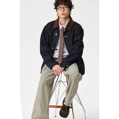 Men's sharply tailored denim workwear blouson with corduroy lapel and metallic hook fasteners EVA-US