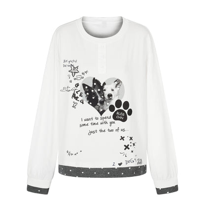 Women's Long Sleeve Pajama Top with Half-Button Placket, Heart Dog Print and Contrasting Cuffs