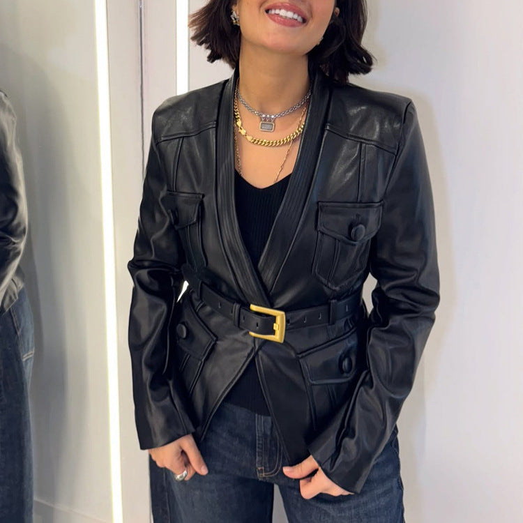 Women's Tailored Leather Blazer in Corset Style with Wide Buckle Belt and Flap Pockets EVA-US