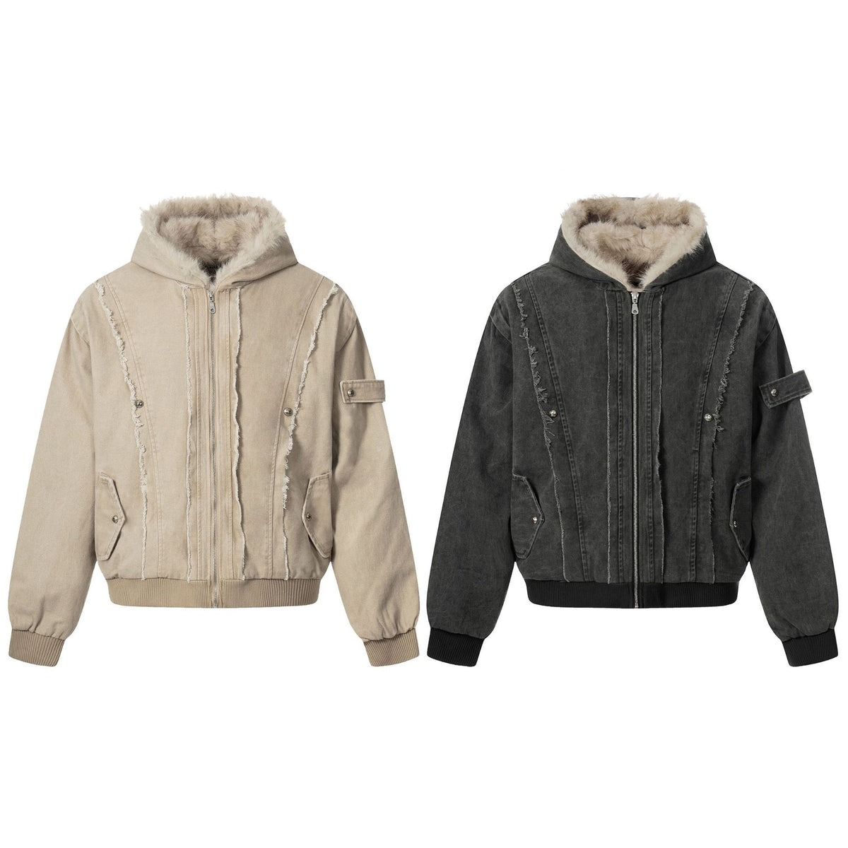 Men's Vintage-Inspired Denim Bomber Jacket with Teddy Fur Hood EVA-US