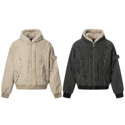 Men's Vintage-Inspired Denim Bomber Jacket with Teddy Fur Hood EVA-US