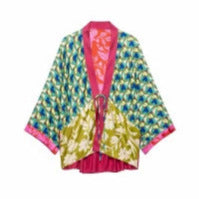 Women's Patchwork Kimono Top made of silk blend with deep V-neck and tie belt EVA-US