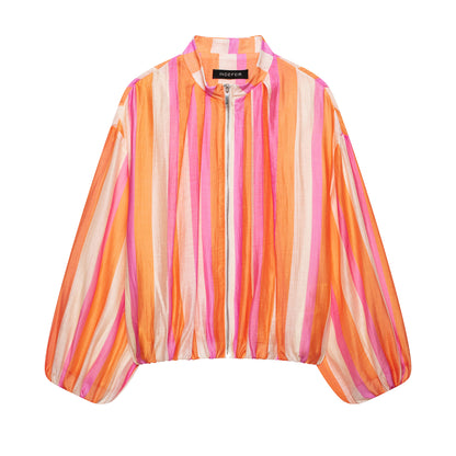 Women Striped Cropped Bomber Jacket with Balloon Sleeves EVA-US