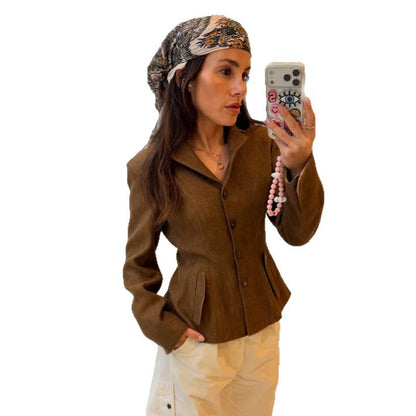 Women's Tailored Cord Blazer with Peplum and Patch Pockets EVA-US