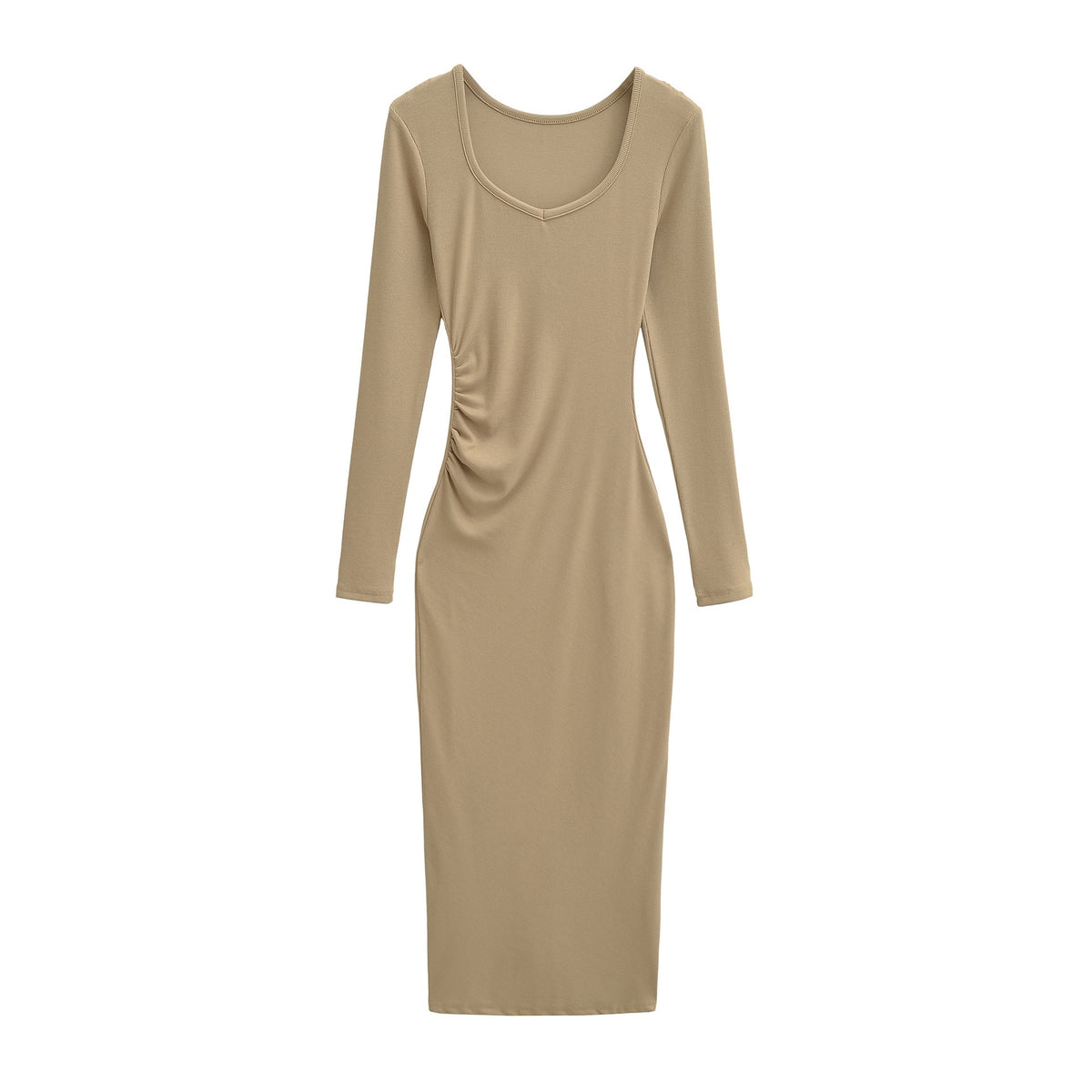 Women's Fitted Midi Dress with Side Ruching and Double Neckline EVA-US