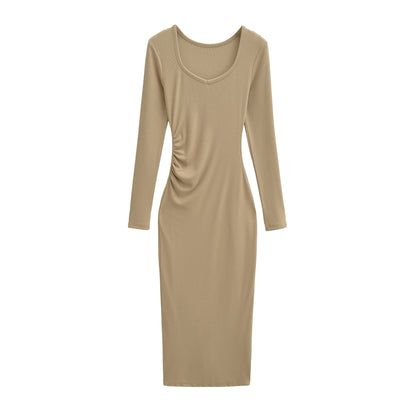 Women's Fitted Midi Dress with Side Ruching and Double Neckline EVA-US