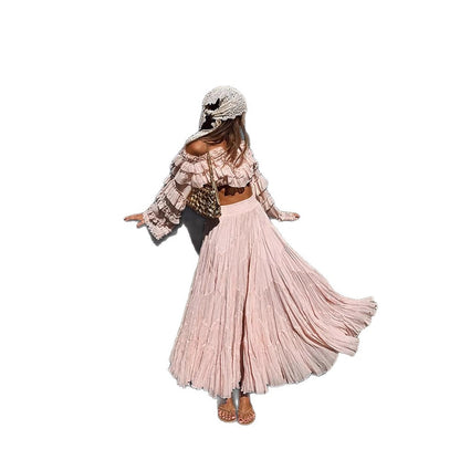 Women's Boho two-piece with crop ruffle top and pleated maxi skirt EVA-US