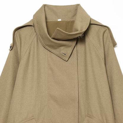Women's Short Oversized Cape Trench Coat with High Funnel Collar and Utility Patch Pockets EVA-US