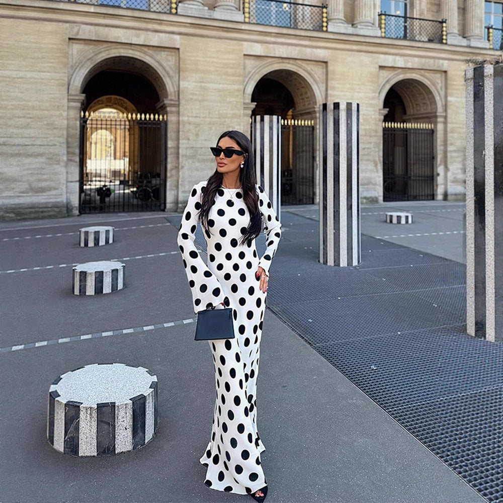 Women's Figure-Hugging Polka Dot Maxi Dress with Trumpet Sleeves & Round Neckline EVA-US