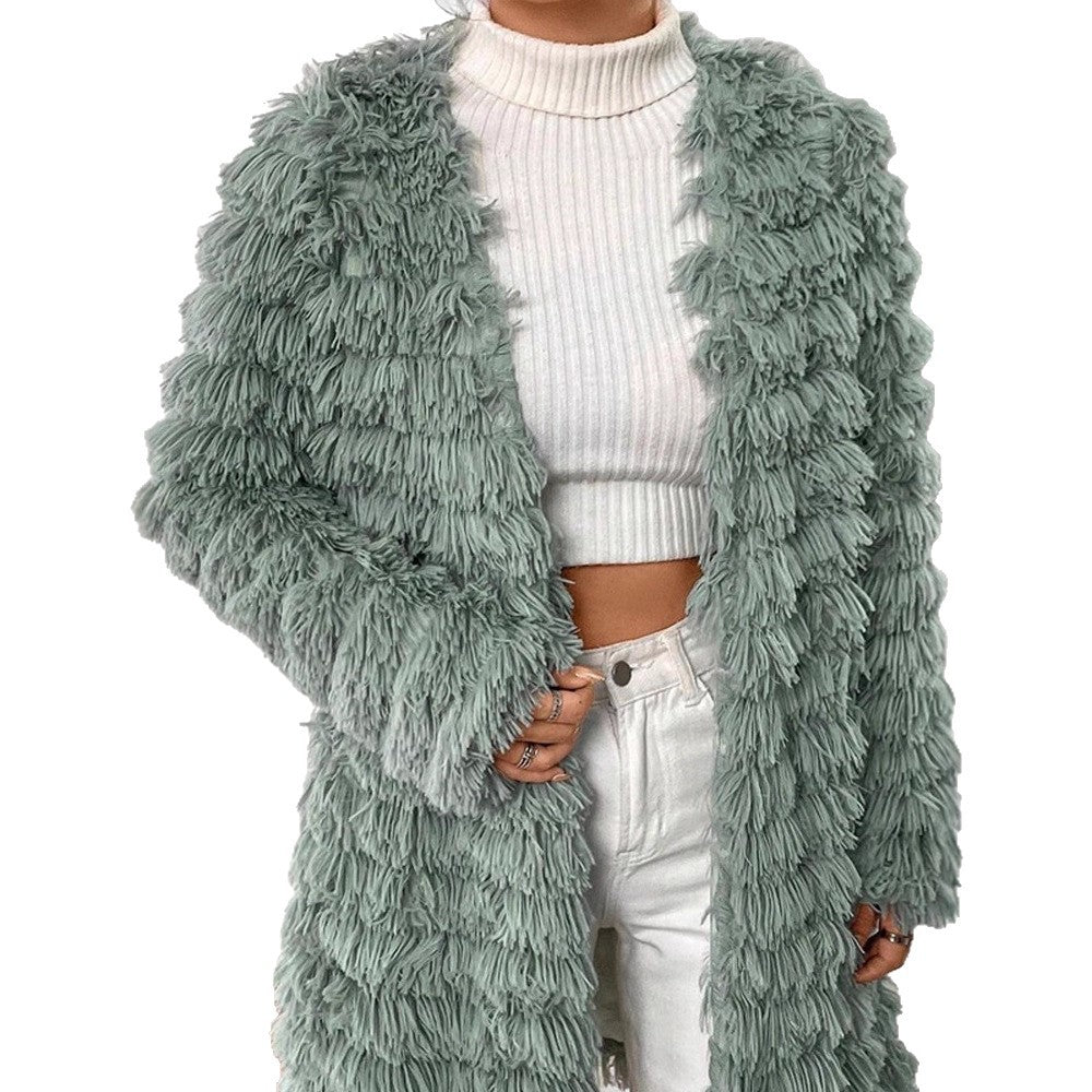 Women Midi-length Plush Coat with Fringe Structure and Open Silhouette EVA-US
